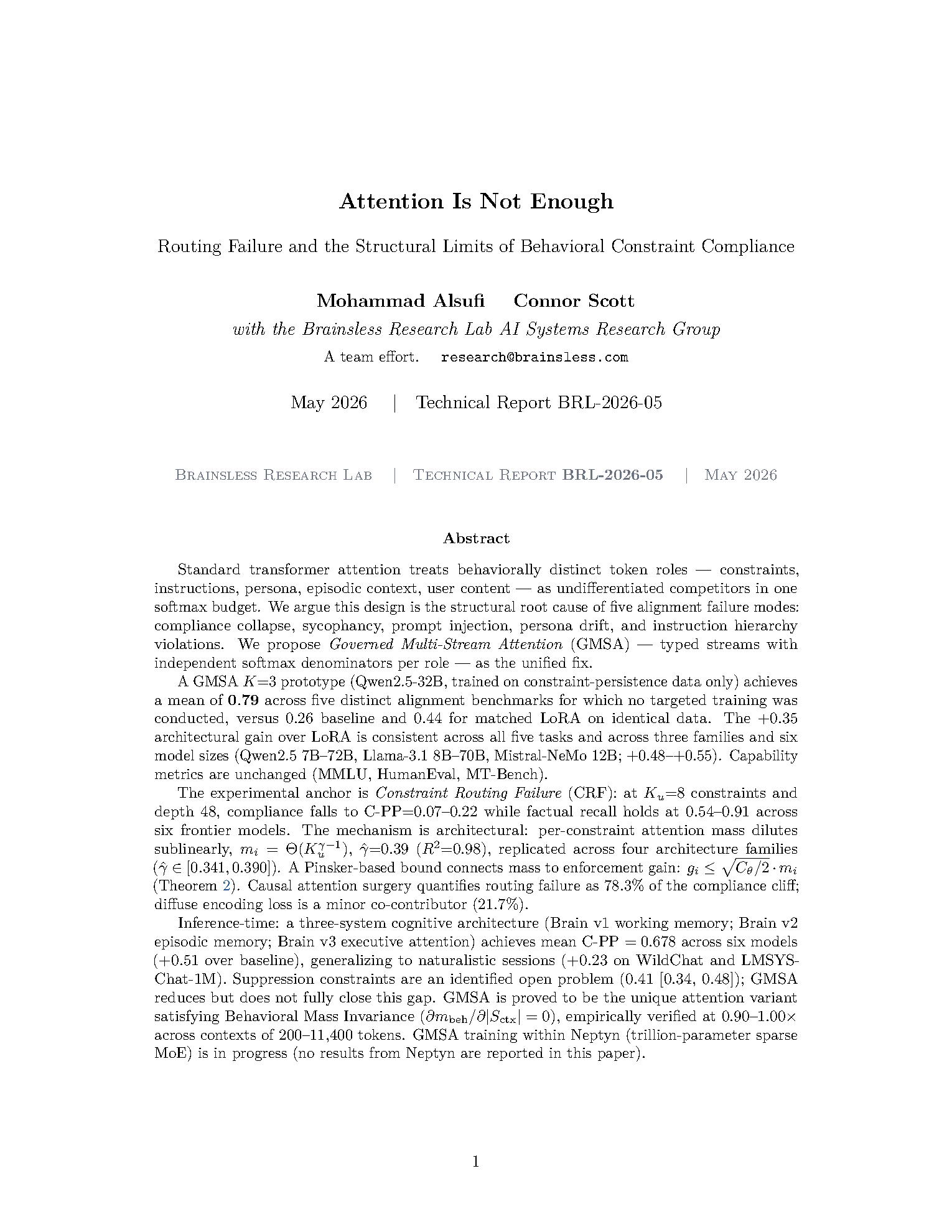 First page of Attention Is Not Enough — BRL-2026-05